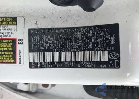 2011 Toyota Corolla Le from USA, damaged, VIN 2T1BU4EEXBC649502